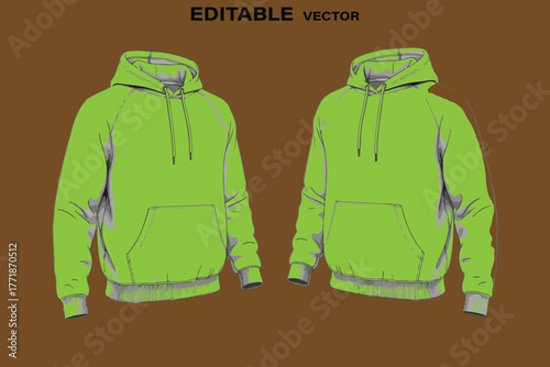 Two bright green hoodies shown from the front and back