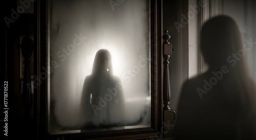 Eerie Presence: Woman Looking at Ghostly Mirror Reflection