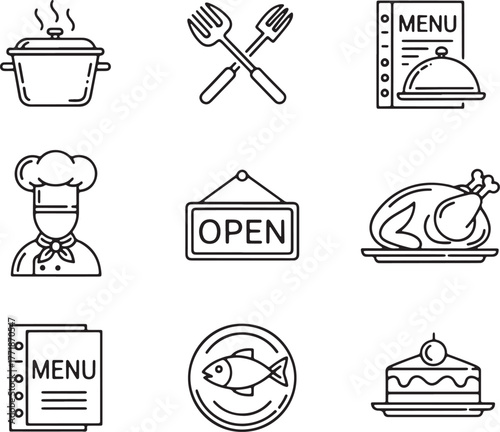 
Hand drawn restaurant icons featuring food chef and menu items