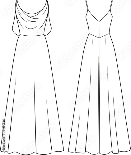 Elegant long evening dress flat sketch front and back view, sleeveless draped neckline gown design, fashion CAD vector illustration