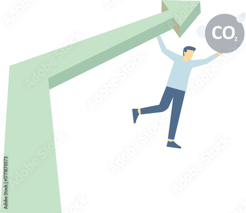 A businessman hangs a rise red arrow with a CO2e gas. Concept of business taking profit from carbon dioxide net zero emission, carbon footprint, greenhouse gas, global warming, and saving the world

