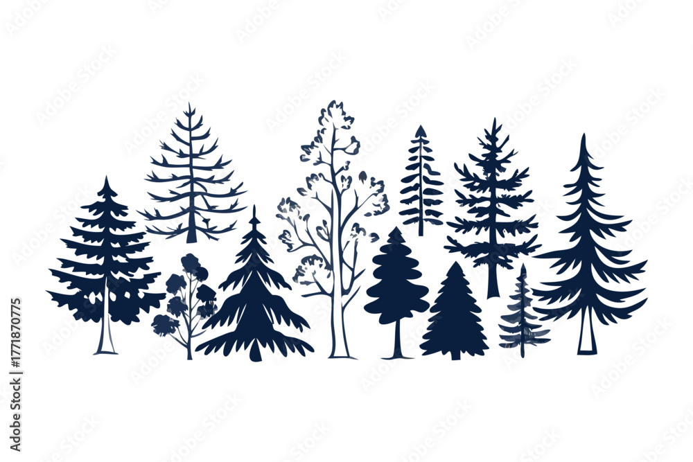 Obraz premium Forest Silhouette: An elegant artistic illustration, a collection of intricately drawn silhouettes of various trees, showcasing the diversity of the forest's flora.