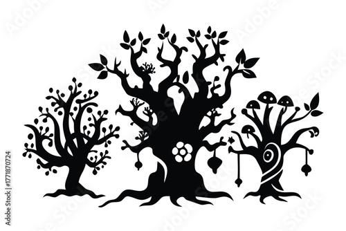 Whimsical Forest: An artistic representation of three unique trees, each with its own distinctive silhouette and charm, standing side by side.