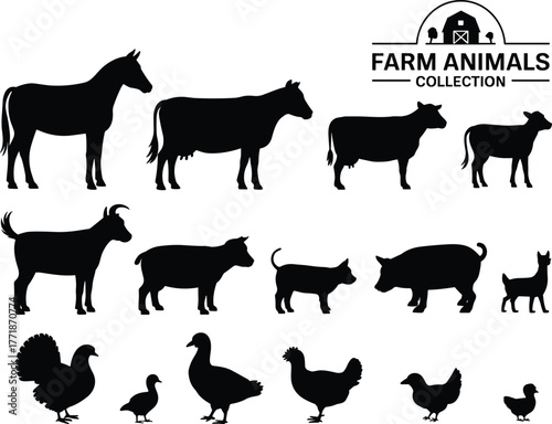 Farm animals silhouette collection vector illustration featuring horse, cow, goat, pig, sheep, chicken, duck, turkey, livestock farming animal design