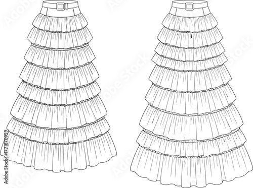 Fashion tiered long skirt with ruffles and belt detailed front and back technical drawing, elegant women apparel design vector illustration