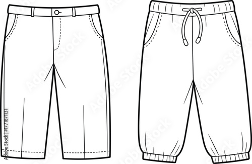 Front view fashion flat sketch of men’s shorts and jogger pants, technical clothing design template, vector line drawing illustration, apparel detail