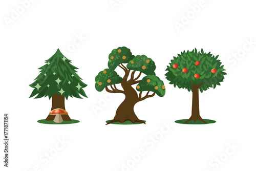 Diverse Trees Illustration: A charming assortment of trees, from the majestic evergreen to the fruitful orchard, are presented, highlighting the rich variety of nature's botanical wonders.