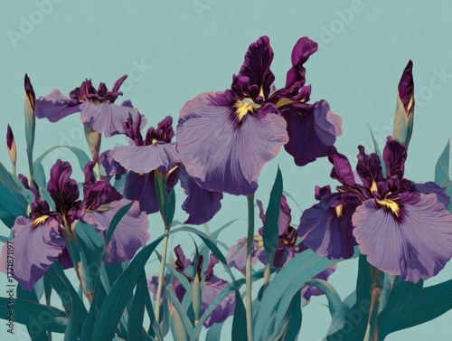 Vibrant Purple Irises Bloom Against Clear Aqua Background Nature Floral Illustration