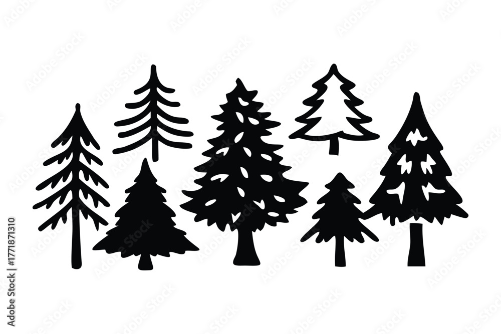 Obraz premium Evergreen Forest Silhouette: a collection of majestic, dark evergreen tree silhouettes that represent the depth and beauty of the forest in a simplistic yet striking design.