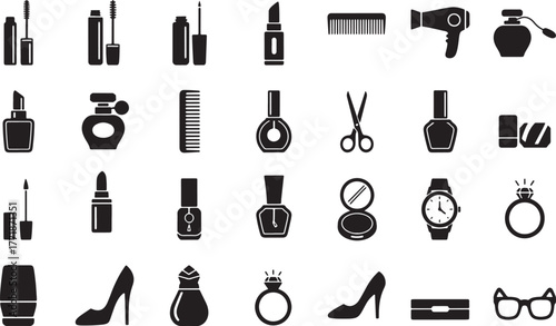 Collection of black and white icons representing beauty and personal care products
