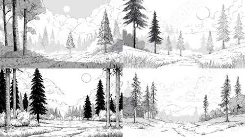 Ink landscape of forest path with tall pine trees and mountains in the distance. Peaceful black and white drawing showing natural beauty and calm woodland scenery.