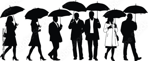 Group of people walking with umbrellas in rainy weather, business and casual silhouettes, teamwork, protection, and unity concept vector illustration design