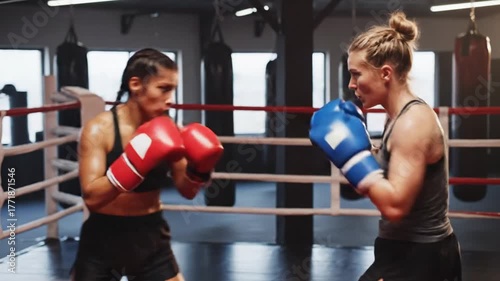 Female boxers in a ring training boxing sparring match with gloves competition sport