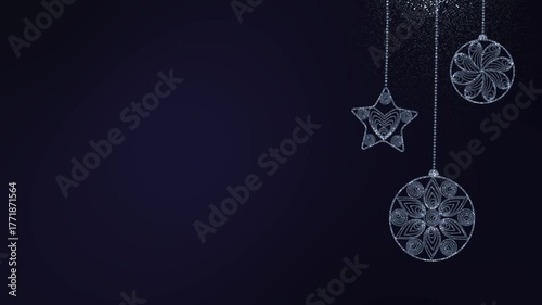 Silver shimmering Christmas decorations on dark blue . Animation of Christmas toys on the right, free space on the left.