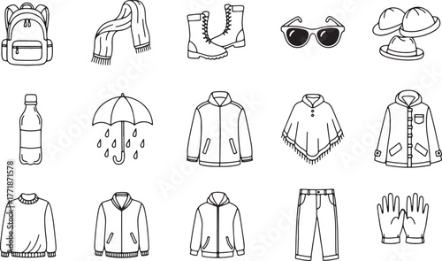 Collection of outdoor and weather gear illustrations