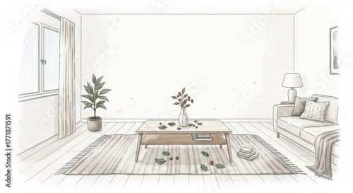 Cozy living room interior sketch with wood table, sofa, plant, and festive holly decorations, conveying comfort and relaxation.