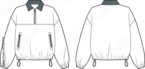 Half zip pullover jacket flat sketch with contrast collar, front zipper pockets, elastic hem, cuffs, fashion cad technical vector illustration
