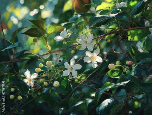 Vibrant painting depicting white jasmine-like blossoms with radiant yellow centers, surrounded by lush green leaves and budding clusters, bathed in warm, dappled sunlight.