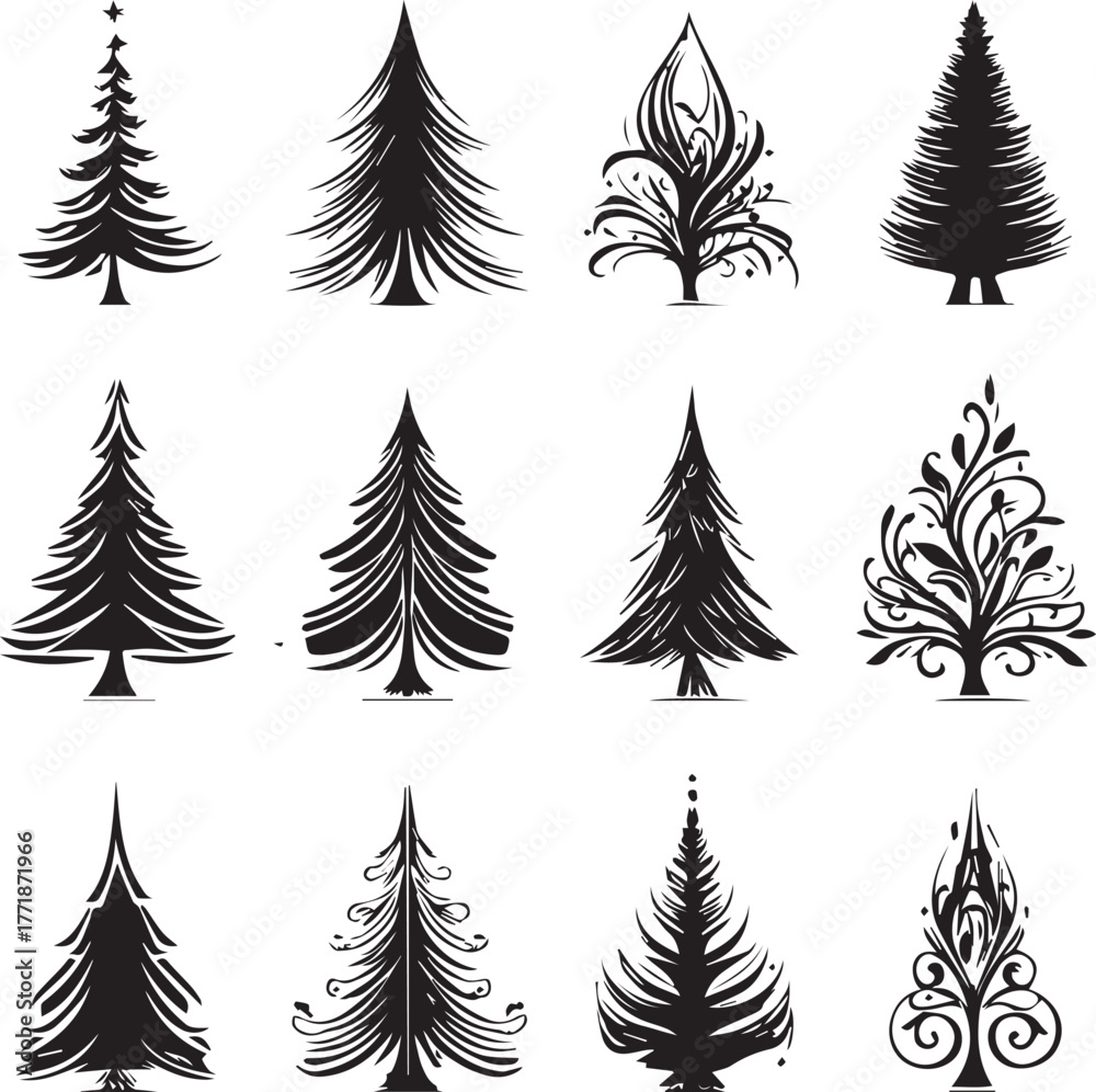 Obraz premium Enchanting Christmas Tree Vector Pack – Sparkling Festive Illustrations