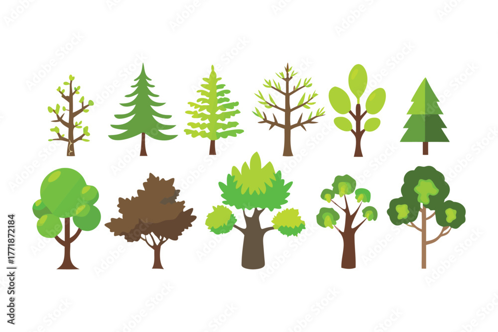 Fototapeta premium Variety of trees set: A vibrant illustration showcasing an array of different trees, each with its unique shape and leaf structure, representing the diversity of nature. 