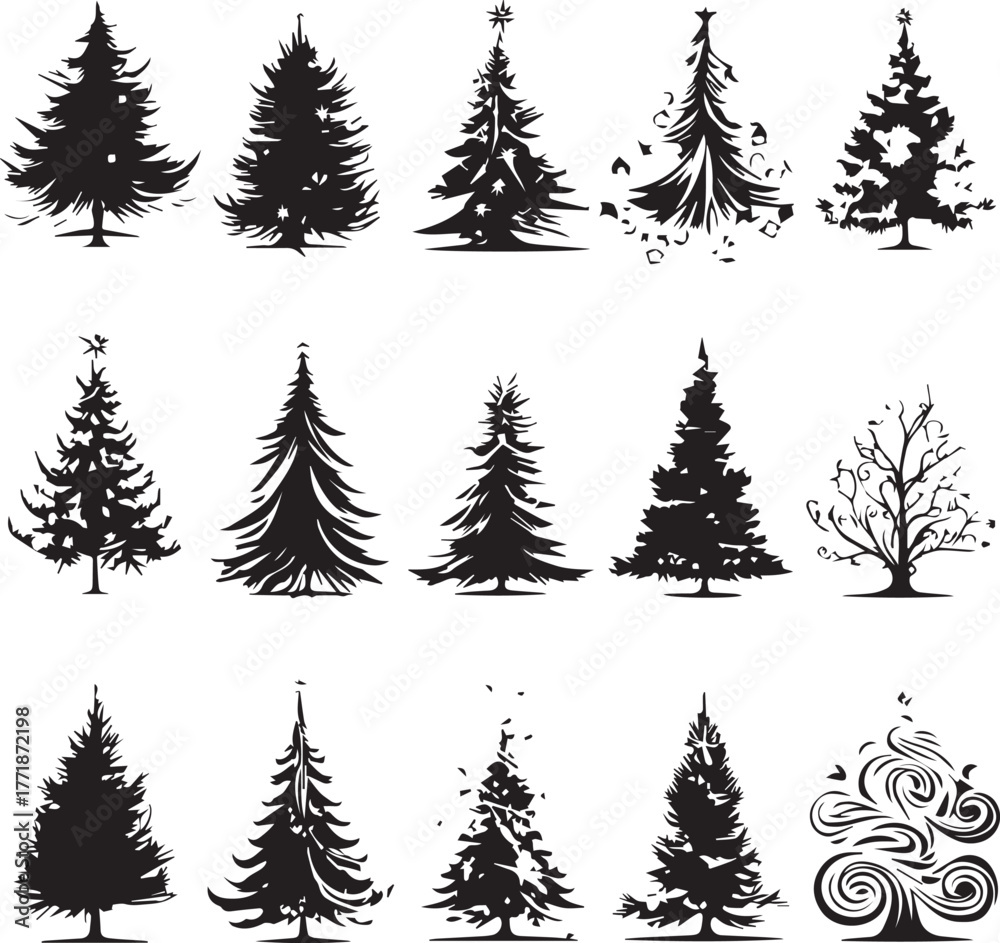 Obraz premium Enchanting Christmas Tree Vector Pack – Sparkling Festive Illustrations