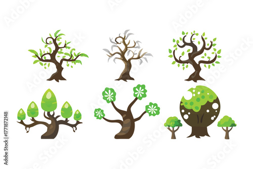 Diverse Tree Collection: A colorful assortment of stylized trees, each with unique forms and characteristics. This versatile collection brings a touch of nature, ideal for graphic designs.