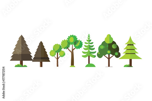Harmony of Trees: A collection of various trees in flat design, ideal for depicting the diversity and beauty of woodland life.