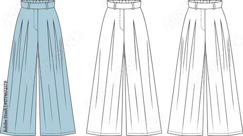 High waist wide leg pants fashion flat sketch, pleated trouser technical drawing, women garment design vector illustration with belt detail