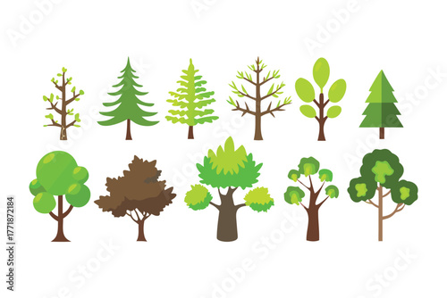 Variety of trees set: A vibrant illustration showcasing an array of different trees, each with its unique shape and leaf structure, representing the diversity of nature. 
