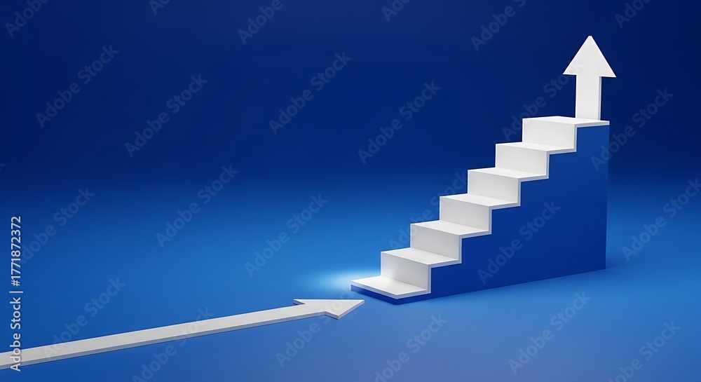 Fototapeta premium White staircase with arrow indicating upward progress on blue background