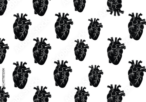 Human heart anatomy silhouette seamless pattern, detailed cardiovascular organ vector illustration for medical background, biology education, science, and healthcare design concept