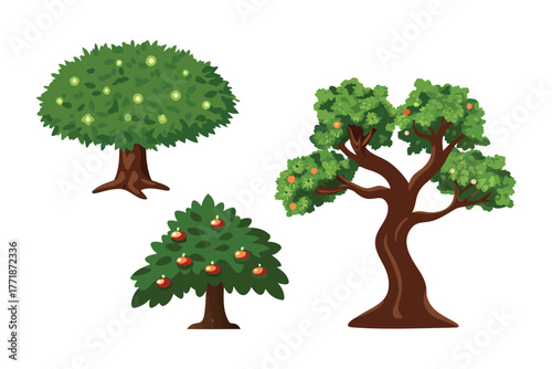 A Trio of Nature's Beauty: Three lush trees stand in a vibrant scene, their forms showcasing nature's artistry with their colorful leaves and sturdy trunks.