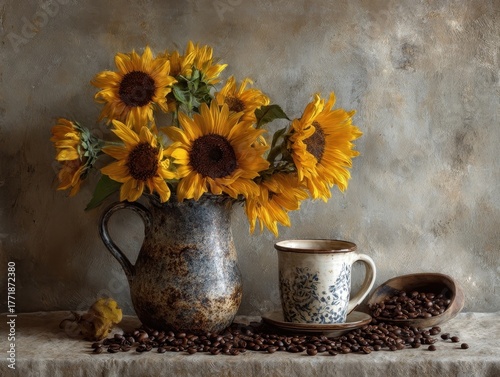 Rustic Still Life Sunflowers Coffee Grains Decorative Ceramic Mug Vintage Jug Sack Textured Wall Background Farmhouse Setting Warm Sunlight
