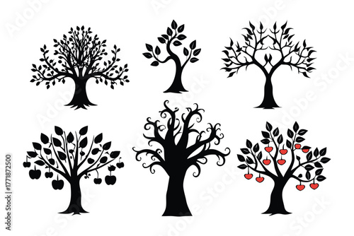 Tree Silhouette Collection: A diverse compilation of tree silhouettes showcases varied shapes, from blossoming apple-laden branches to intricate, twisting forms, perfect for design usage.