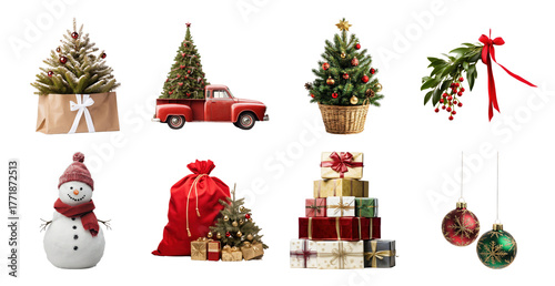 PNG Festive Christmas decorative elements, element set on transparent background
