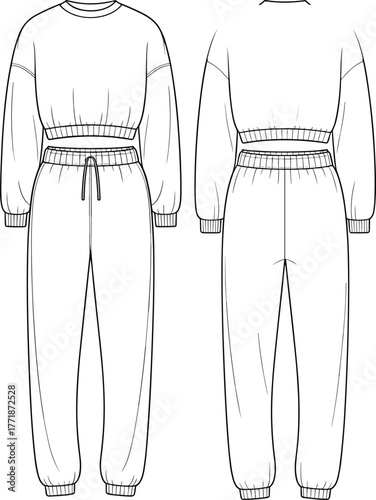 Jogger sweatpants and sweatshirt set front and back flat sketch, casual loungewear outfit template, cad drawing flat vector illustration