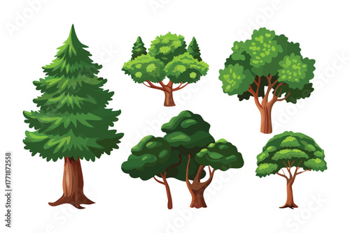 Various Tree illustrations : A vibrant collection of stylized tree illustrations, each showcasing unique shapes and foliage, creating a versatile asset for design projects and environmental themes.