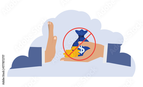 Stop corruption. Businessman does not accept money. Male character giving bribe with cash dollars.