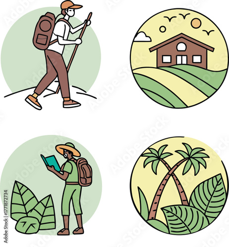 Hiker lodge palms reading nature backpack pole