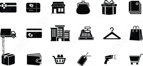 Collection of black and white icons representing commerce shopping and retail services