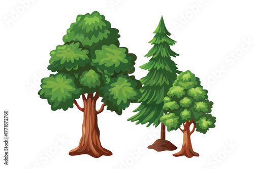 Lush Forest Quartet: A vibrant quartet of trees stands tall, their foliage a rich tapestry of green, their trunks rooted firmly in the earth.