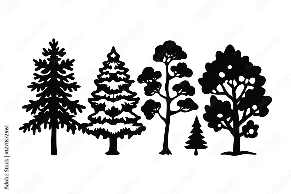 Obraz premium Silhouette of the Forest: A stunning silhouette showcasing a variety of trees against a plain background, creating a minimalist yet impactful visual of nature's beauty and diversity.