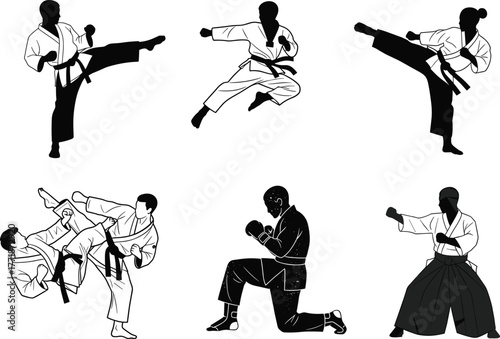 Martial arts fighters practicing karate, judo, boxing, and aikido poses in action vector illustration, sports training concept showing strength, discipline, and movement