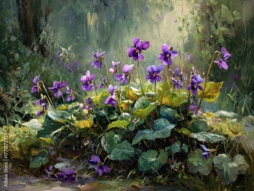 Purple Violets Cluster Among Verdant Foliage Dappled Sunlight in Woodland Setting Flourishing Wildflowers Impressionistic Oil Painting