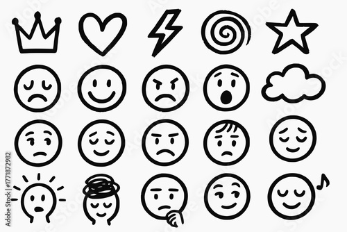 Black and white emotion icons and symbolic elements in hand-drawn line art