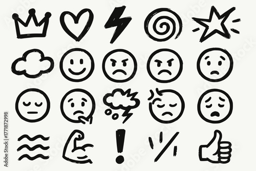 Black and white emotion icons and symbolic elements in hand-drawn line art