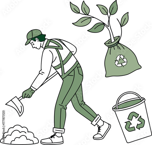 Gardener planting sapling with recycling bin vector