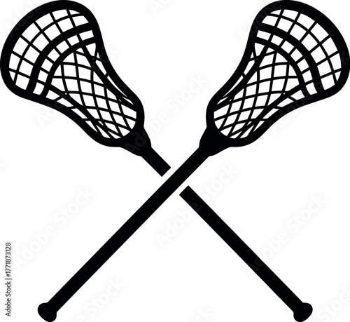 Two crossed lacrosse sticks are silhouetted against a white background.