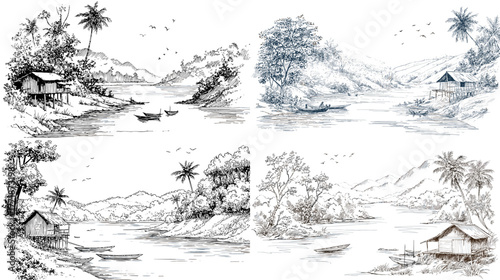 Tropical riverside village illustration with huts, palm trees, and boats. Hand-drawn black and white landscape sketch showing peaceful nature and traditional rural scenery.
