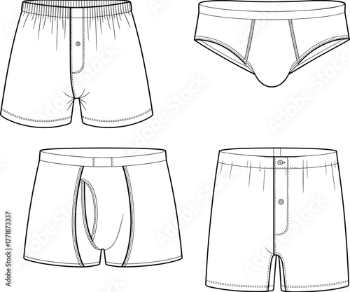 Men's underwear types, boxer shorts, briefs, boxer briefs, black line sketch, fashion garment, cad drawing flat vector illustration
